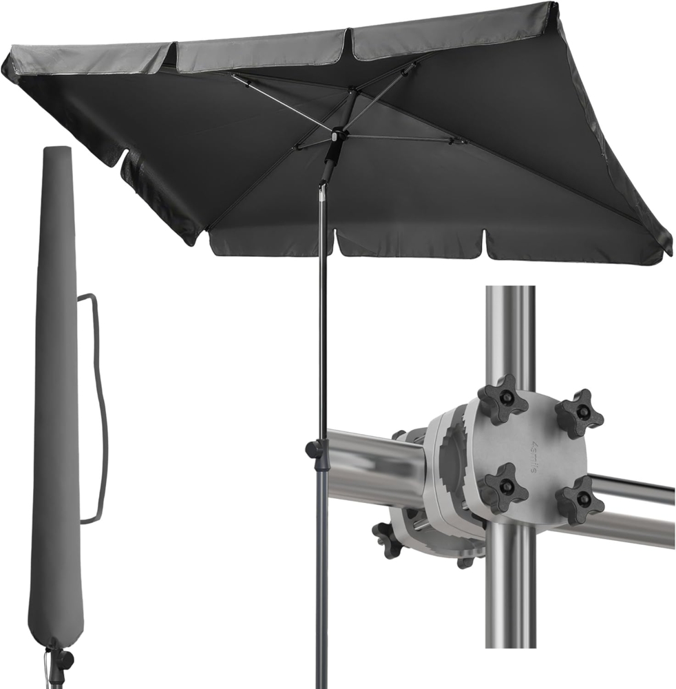 Menz Sonnenschirm Balkon - 3-IN-1 Sonnenschutz Balkon SET in Anthrazit, UPF 50+ Sonnenschirm rechteckig 200x125 cm + stabiler Sonnenschirmhalter Balkongeländer + Sonnenschirmhülle Bild 1