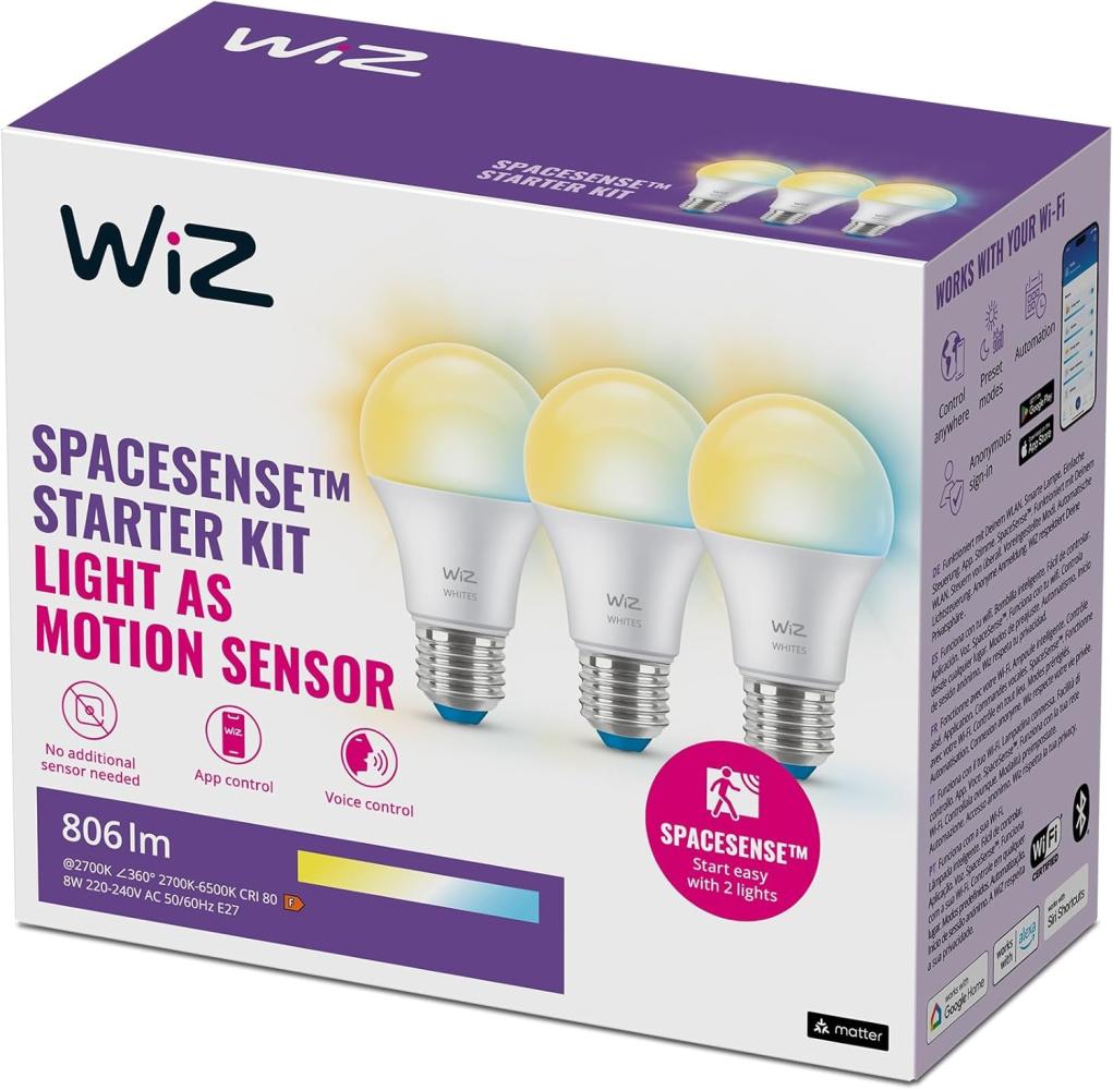 WiZ E27 smarte LED Lampe - 60W E27 Ersatz, 3er-Pack, klassischer Stil mit Weißschattierungen, WLAN/Bluetooth, Sprach- / App-Steuerung, funktioniert mit Google Home, Alexa und HomeKit Bild 1