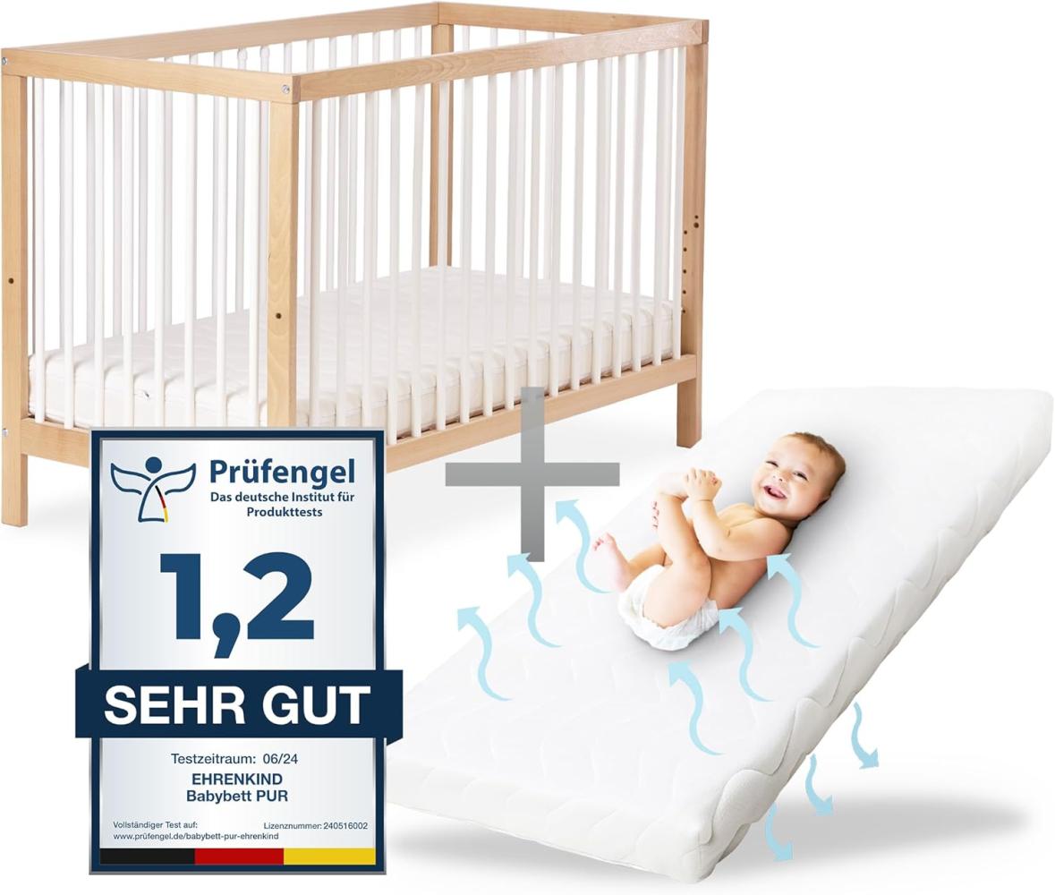 Ehrenkind® Babybett PUR inkl. 140x70 aus Natur Buchenholz | Kinderbett 9-Fach höhenverstellbar mit entnehmbaren Stangen Bild 1