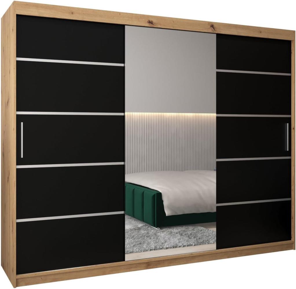 Schwebetürenschrank Verona 2-250cm mit Spiegel Kleiderschrank mit Kleiderstange und Einlegeboden Schlafzimmer- Wohnzimmerschrank Schiebetüren Modern Design (Artisan Eiche + Schwarz) Bild 1