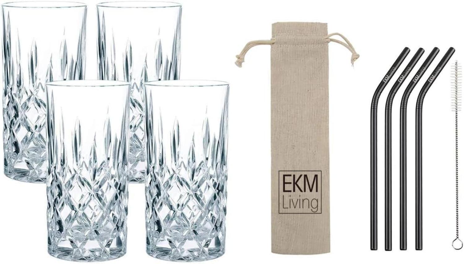 Spiegelau & Nachtmann, 4-teiliges Longdrink-Set, Kristallglas, 375 ml, Noblesse, 0089208-0 + 4er Set EKM Living Edelstahl Strohhalme schwarz gebogen Bild 1