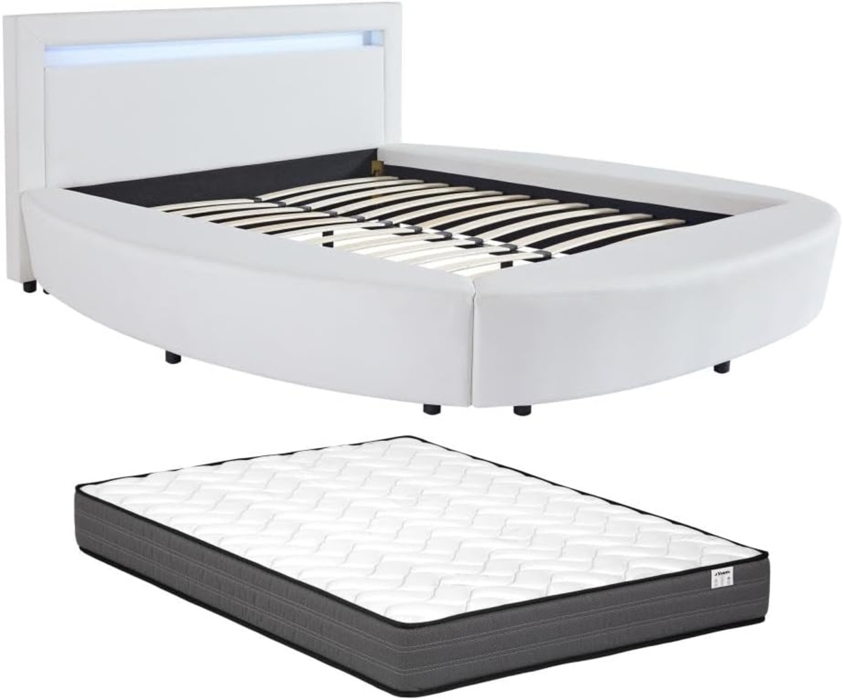 Vente-unique - Bett mit LEDs - 160 x 200 cm - Kunstleder - Weiß + Matratze - ABULIS III Bild 1