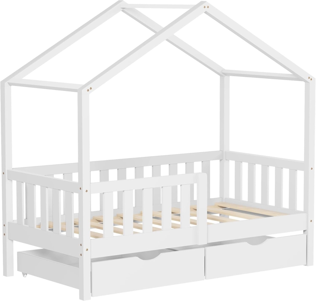ML-DESIGN Spielbett Hausbett Kinderbett inkl. 2 Schubladen, Lattenrost und Rausfallschutz, Abenteuerbett 70x140cm Haus Bett Himmelbett Kiefer Jugendbett Weiß Bild 1