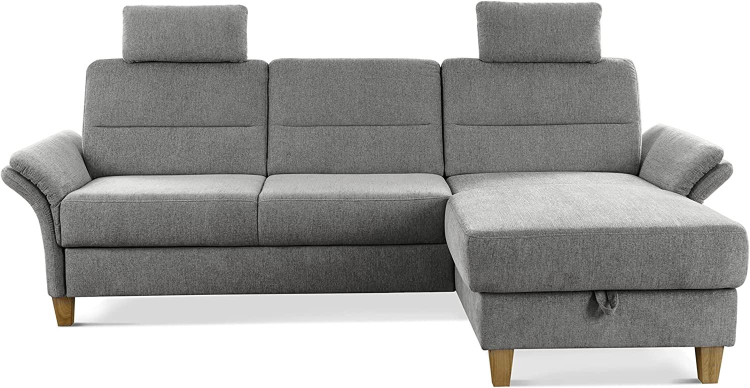 CAVADORE Ecksofa Wyk mit Federkern / Schlafsofa im Landhaus-Stil mit Longchair, Bett, Bettkasten, Armteilfunktion + 2 Kopfstützen / 252 x 90 x 162 / Chenille, Grau Bild 1