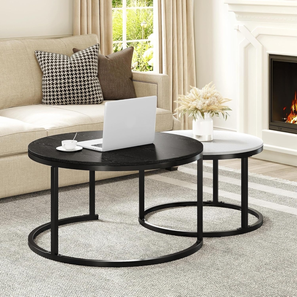 YITAHOME Runder Couchtisch 2er Set Beistelltisch für Wohnzimmer, Moderne Nesting Beistelltische Holz Couchtische mit stabilem Metallrahmen, Schwarz und Weiß Bild 1