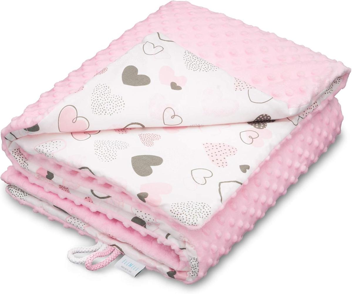 EliMeli Minky Babydecke Kuscheldecke Krabbeldecke | super weichem Minky Dots Polar Fleece | Baumwolle | Füllung | 75x100 hoch Qualität (Pink - Hearts) Bild 1