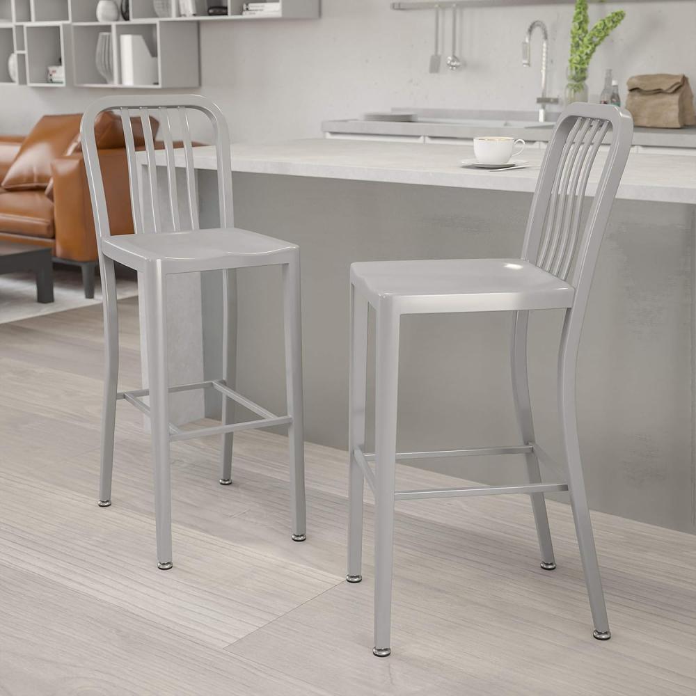 Flash Furniture Barhocker mit Rückenlehne – Metall-Barstuhl für Innen- und Außenbereich – Tresenstuhl ideal für die gewerbliche Nutzung – 2er Set – Silber Bild 1