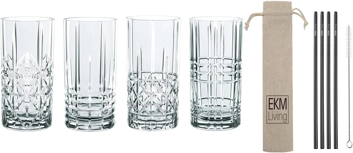 Spiegelau & Nachtmann 4er Set Longdrink 445 ml Highland 0097784-0 + 4er Set EKM Living Edelstahl Strohhalme schwarz gerade Bild 1