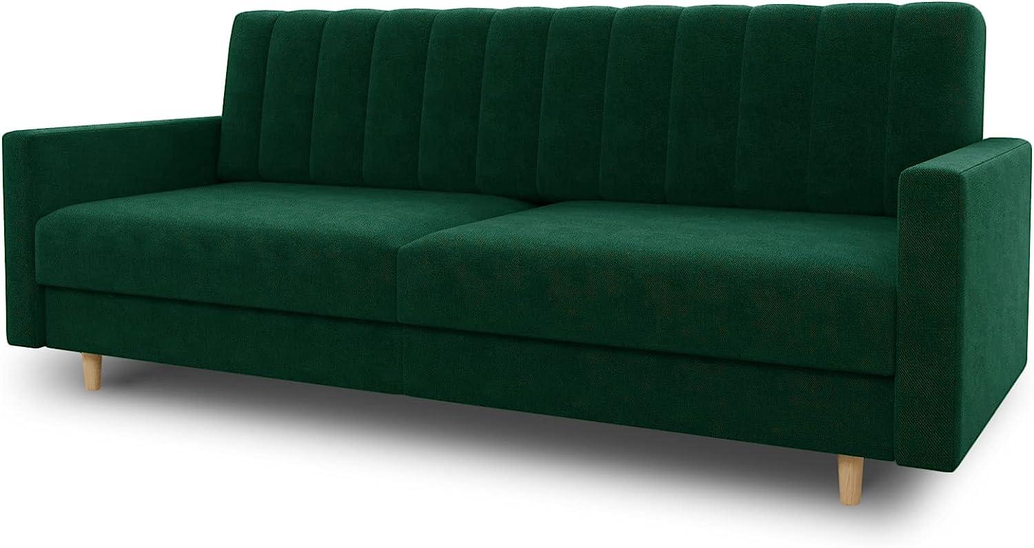 Schlafsofa Sara - Sofa mit Schlaffunktion und Bettkasten, Bettsofa mit Wellenfeder, Schlafcouch mit Holzfüße, Couch vom Hersteller, Couchgarnitur, Velours (Grün (Kronos 19)) Bild 1