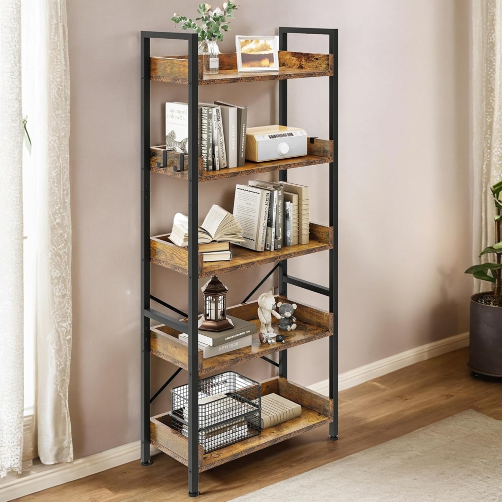 YITAHOME Bücherregal mit 5 Ebenen, Bodenstehende Standregal mit stabilem Stahlrahmen, Regaleinheit, Industrielles Aufbewahrungsregal mit 4 Haken, für Wohnzimmer, Heimbüro, Vintagebraun Lagerregale Bild 1