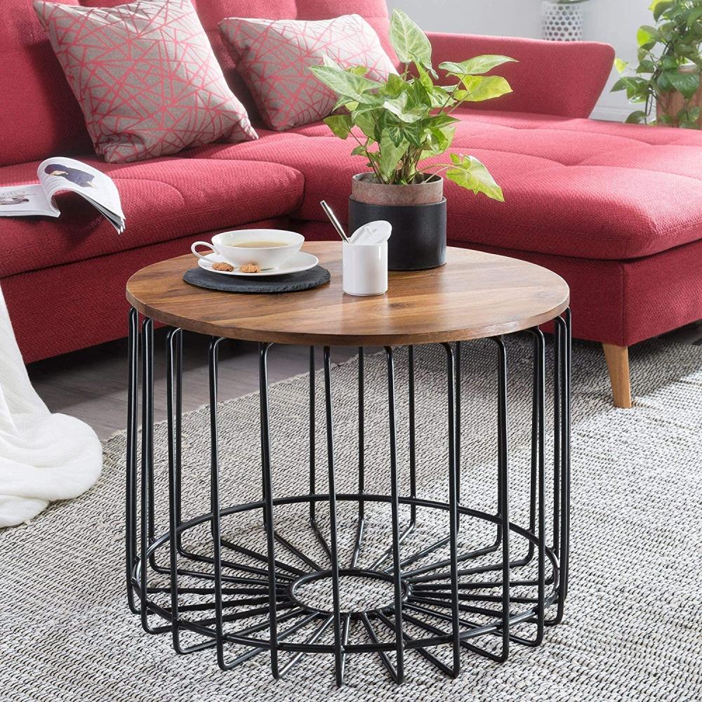 Wohnling Couchtisch Sheesham Massivholz Metall Drahtkorb Ø60x46 cm Bild 1