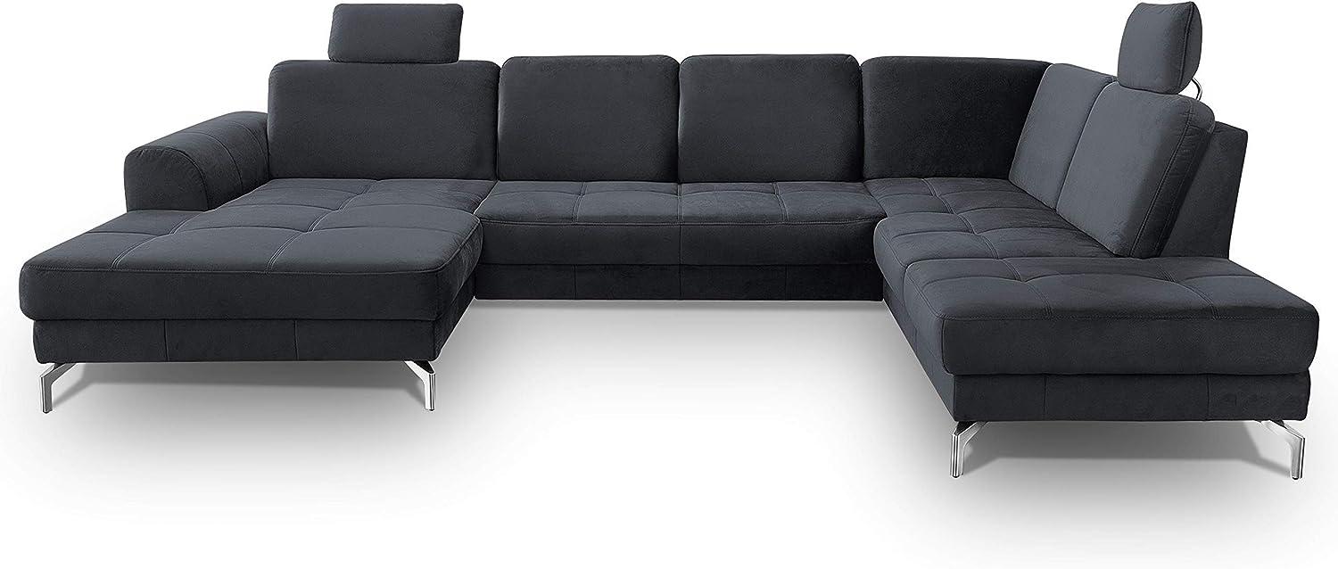 CAVADORE Wohnlandschaft Benda / Große Sofagarnitur mit XL-Longchair links & Federkern / Inkl. Sitztiefenverstellung & Kopfstützen / 332 x 87 x 226 / Samt: dunkelblau Bild 1