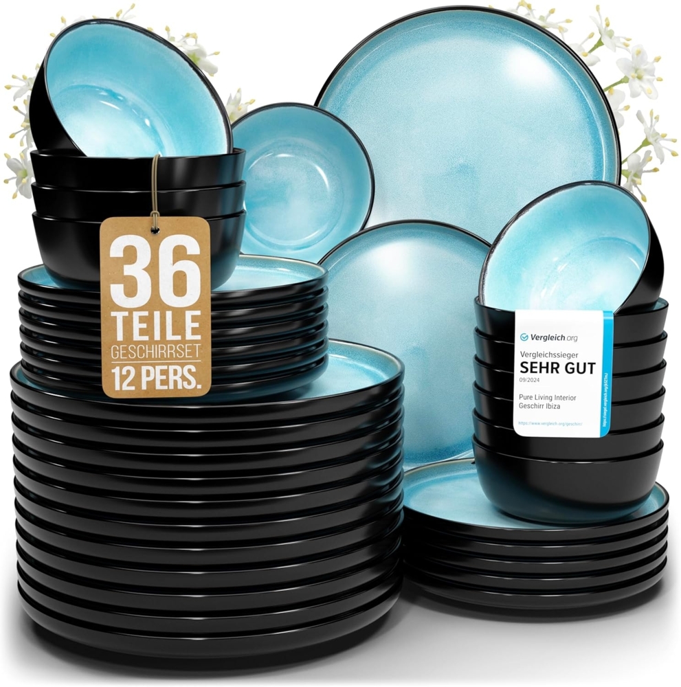 Steingut Geschirrset 12 Pers. Ibiza 36-tlg Hochwertiges Mediterranes TEST SEHR GUT Steingut Geschirr Set - Schüssel- und Teller Set - Tafelservice 12 Personen Geschirrsets Pure Living in Aquamarin Bild 1