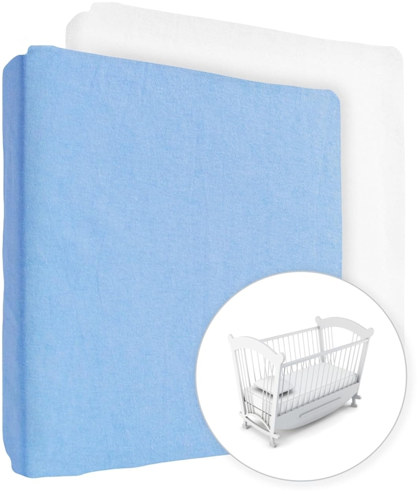 2 x Jersey Spannbettlaken 100% Baumwolle für 90 x 40 cm Babybett Wiege Matratze (Blau + Weiß) Bild 1