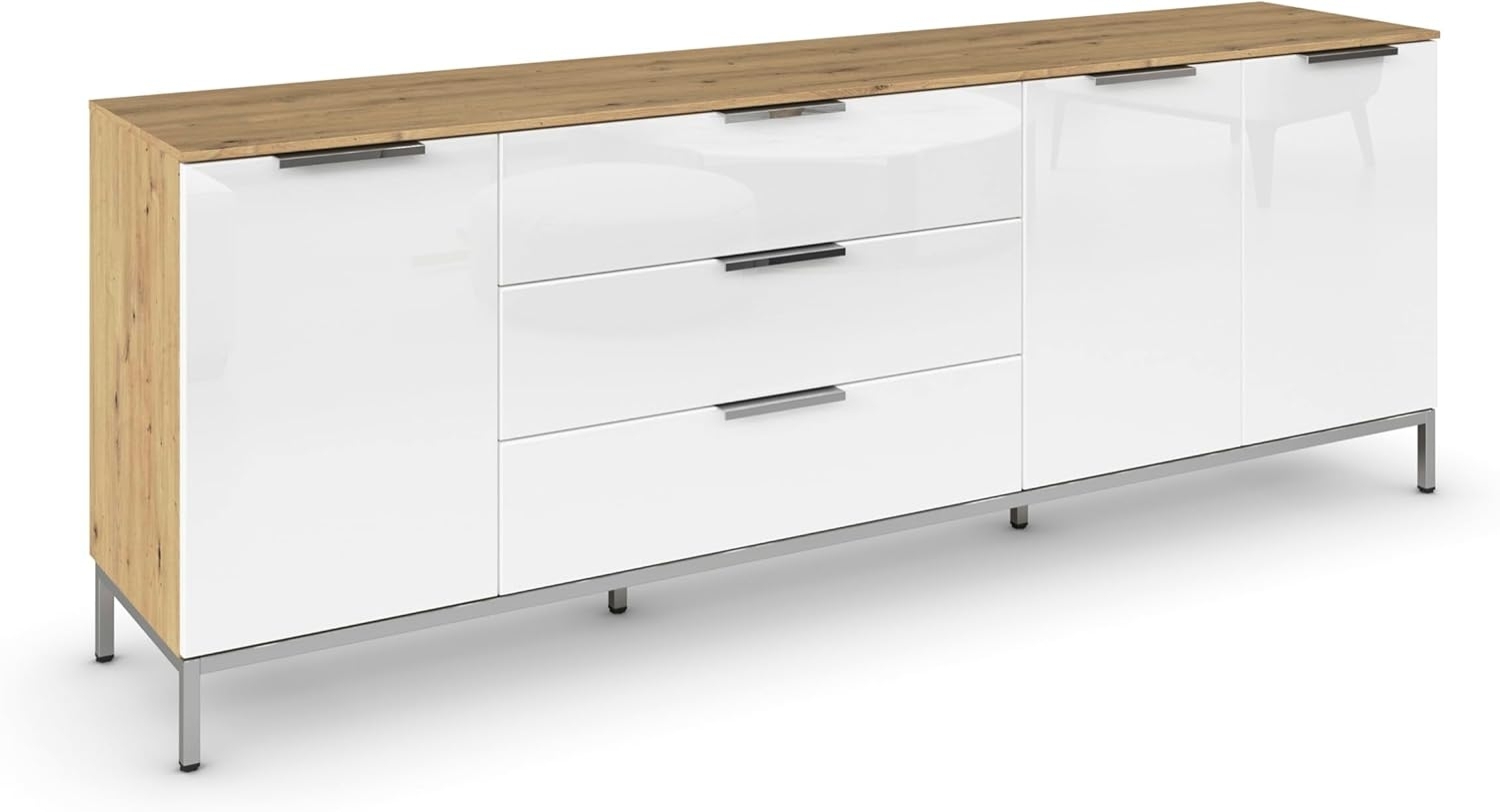 Rauch Möbel Flipp, Sideboard, TV-Schrank, Kommode mit Stauraum, mit Metallkufe Chrom, Eiche Artisan-Glasfront Weiß, Holz, 3-türig, Glastüren, 3 Schubladen, Griffe Chrom, 199 x 72 x 42 cm Bild 1