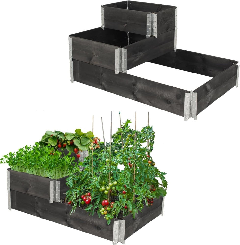 Stufenbeet 3er Set Palettenrahmen Hochbeet 114x75x60 cm aus Holz schwarz Garten Balkon stapelbar Bild 1
