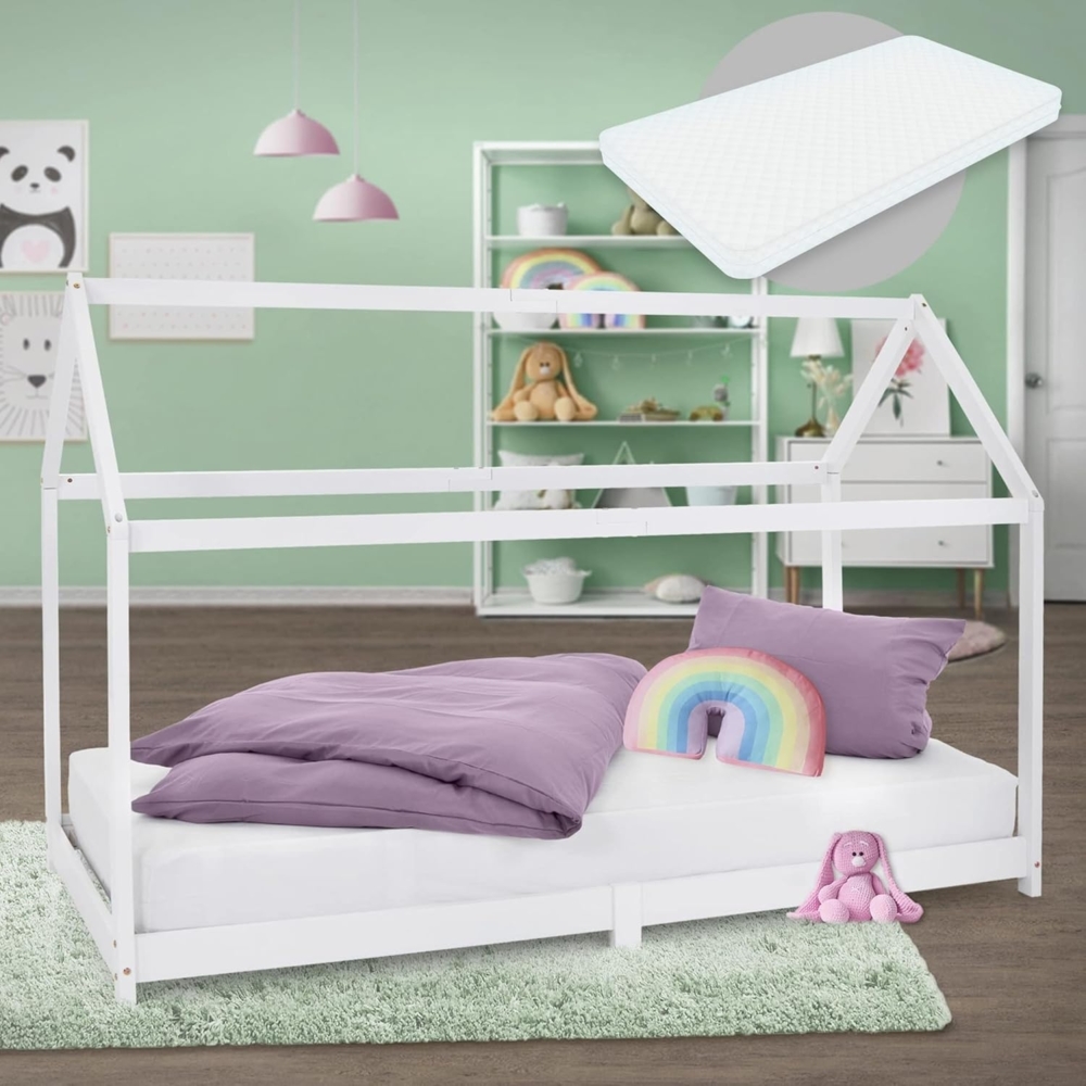 ML-DESIGN Spielbett Hausbett Kinderbett inkl. Lattenrost kreativ Bodenbett für Kinder, Abenteuerbett, Haus Bett Himmelbett Kiefer Jugendbett Weiß Bild 1
