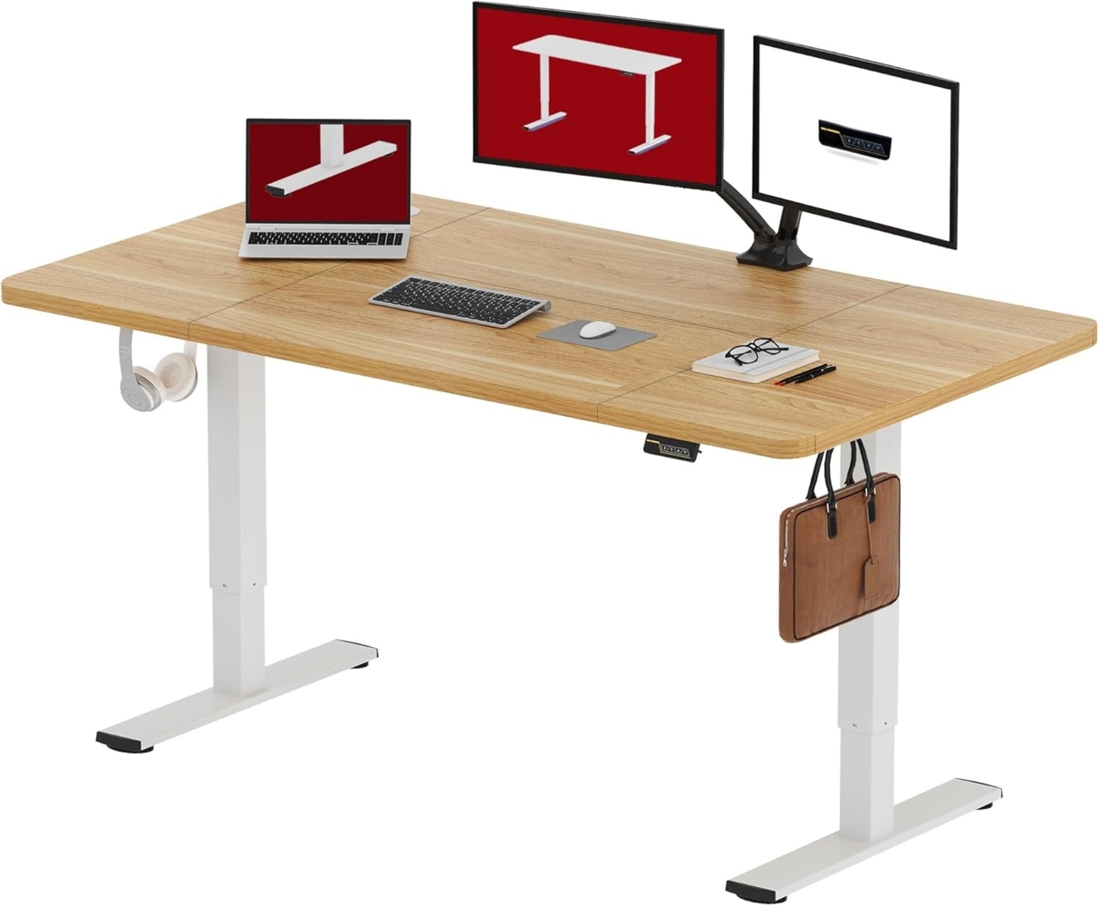 SANODESK Höhenverstellbarer Schreibtisch 160x60 cm mit Memory-Funktion, Elektrischer Steh-Sitz Tisch für Heimbüro, Ergonomischer Computertisch mit Modernem Design und Vierteiliger Tischplatte, ahorn Bild 1