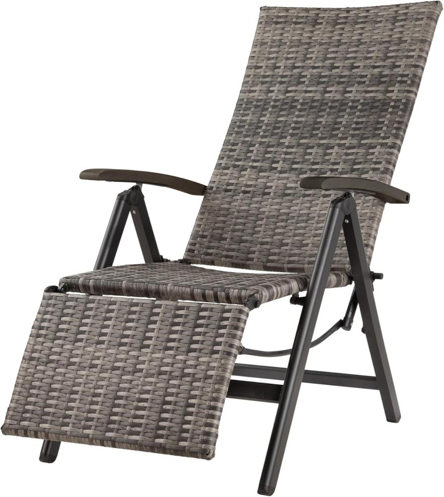 tectake® Alu Polyrattan Gartenstuhl mit Armlehnen, Campingstuhl mit 6-Fach Verstellbarer Rückenlehne, klappbar, Relaxsessel mit Liegefunktion, wetterfest, Klappstuhl mit Fußablage - grau Bild 1