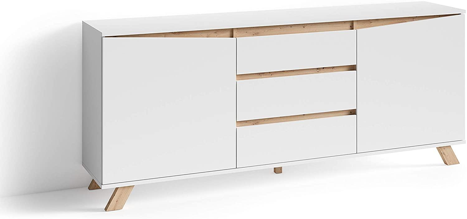 byLIVING Sideboard VALENTIN / Kommode matt weiß mit Absetzung in Eiche-Optik / Schrank mit 2 Türen und 3 Schubkästen / Im Scandi-Style / Grifflos / B 180, H 80, T 38 cm Bild 1