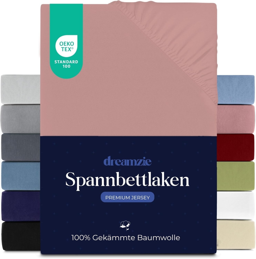 Dreamzie Premium Spannbettlaken 200x200 cm, Bettlaken 100% Jersey Baumwolle, Spannbetttuch für Dicke Matratzen bis zu 27 cm, 150 g/m², Oeko-TEX Zertifiziert - Rosa Bild 1