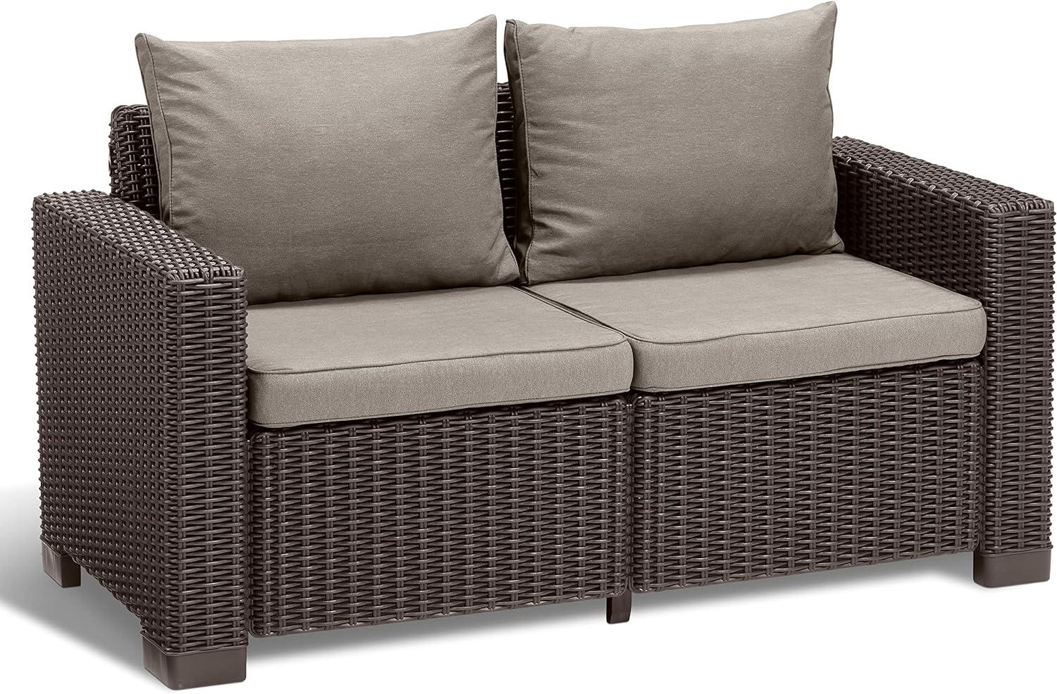 Allibert by Keter Gartenlounge Sofa California 2-Sitzer, inkl. Sitz- und Rückenkissen, Kunststoff, runde Rattanoptik, 141x68x72 cm, braun/warm taupe Bild 1