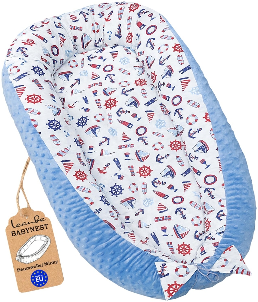 Leanbe Babynest 90x50 cm – Babynestchen für Neugeborene, Nestchen Baby aus Baumwolle & Polyester, Bettnestchen für Winter/Herbst, Baby Nest Set für Indoor & Outdoor (MINKY BLAU - SEGELBOOTE) Bild 1