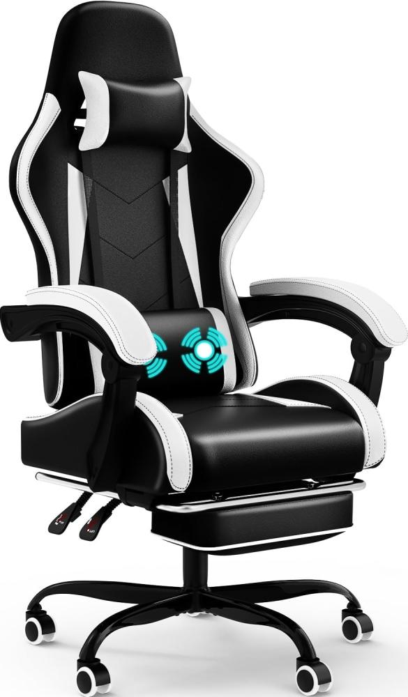 Devoko Massage Gaming Stuhl, Computer Bürostuhl mit Fußstütze, Racing Gamer Stuhl 150kg Belastbarkeit, 90-135° Rückenlehne einstellbar Ergonomischer PC Stuhl, 360° drehbar, Weiß Bild 1