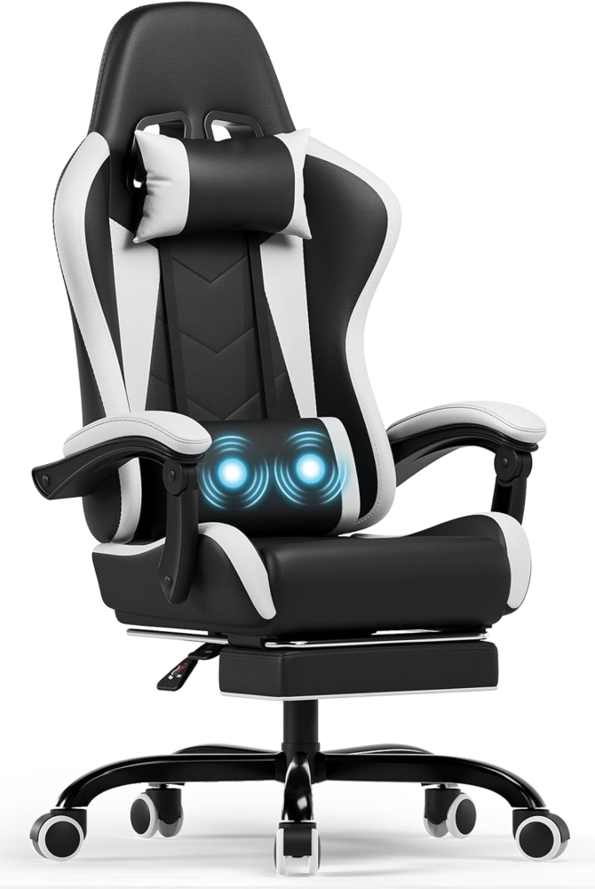 Devoko Massage Gaming Stuhl, Computer Bürostuhl mit Fußstütze, Racing Gamer Stuhl 150kg Belastbarkeit, 90-135° Rückenlehne einstellbar Ergonomischer PC Stuhl, 360° drehbar, Weiß Bild 1