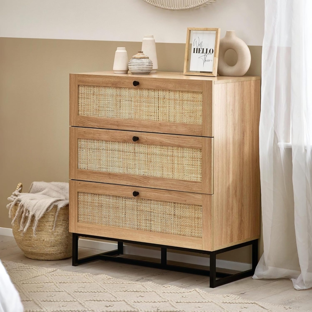 Julian Bowen Padstow Kommode mit 3 Schubladen, Eiche, Melamin mit Rattanfront und Metallsockel, Oak, 3 drawer Bild 1
