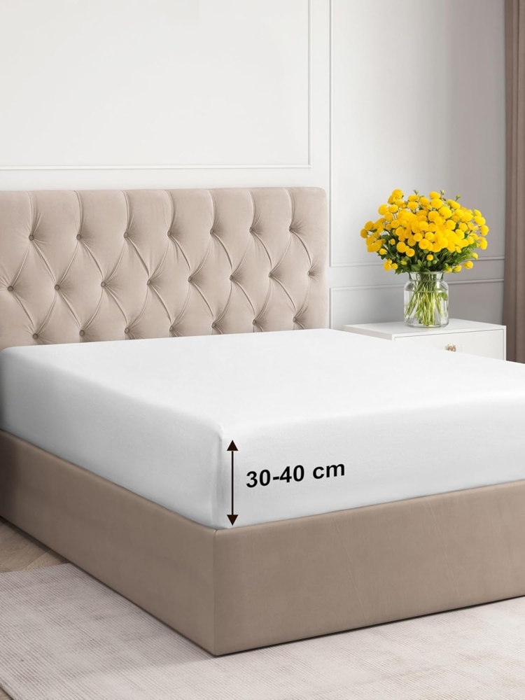 Spannbettlaken 200x200 cm - Extra Tiefes Spannbetttuch für Matratzen bis 40 cm (16") Höhe - Weiche Gebürstete Mikrofaser - Knitterfrei, Schrumpf- & Farbbeständig - Oeko-TEX - Weiß Bettlaken Bild 1