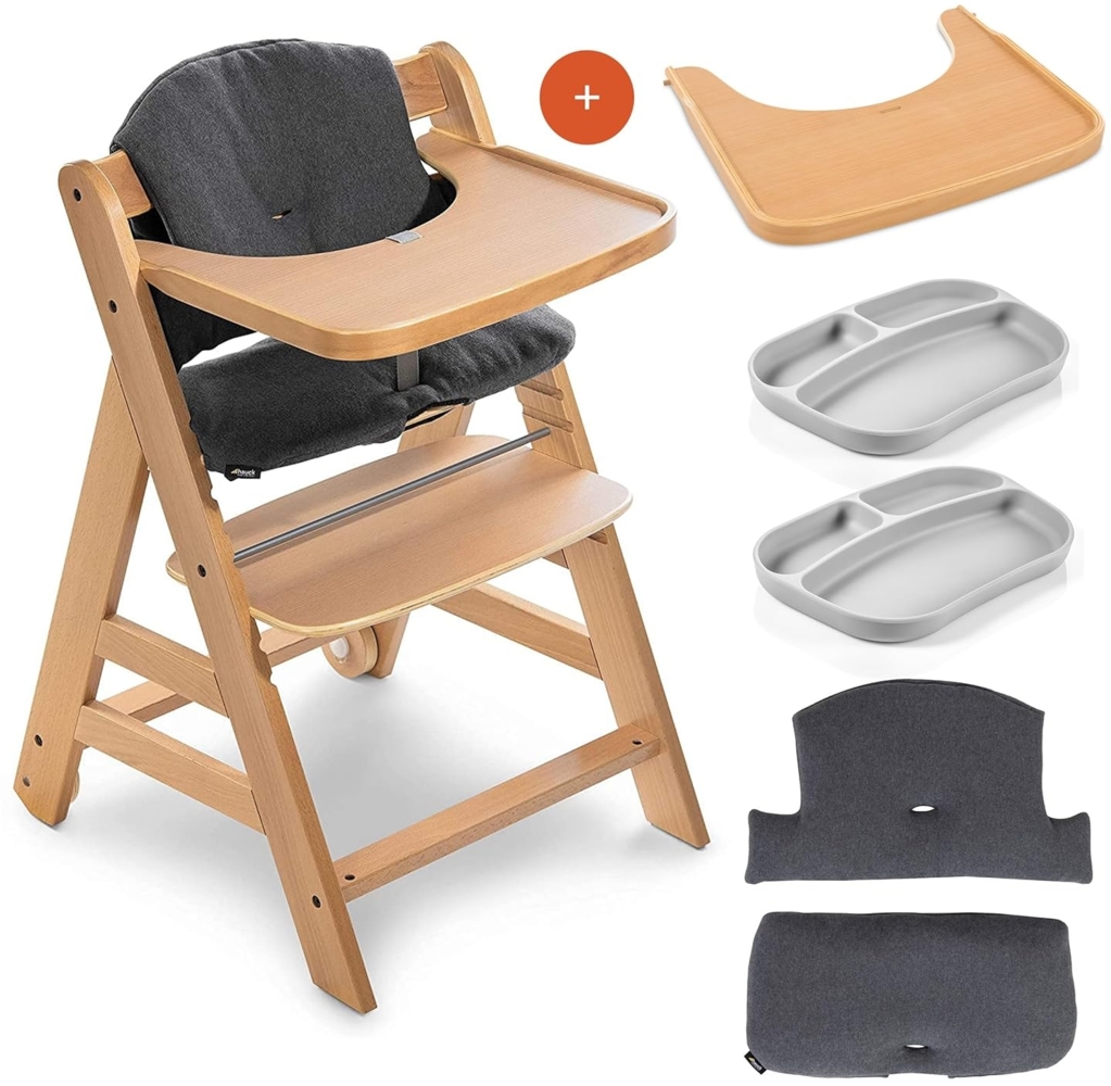 Hauck Hochstuhl Set Alpha Plus Move inkl. Essbrett, Sitzkissen und 2x Babyteller Silikon - mitwachsender Holz Babystuhl / Kinderhochstuhl mit Rollen, Gurt und Tisch - Natur Dunkelgrau Bild 1