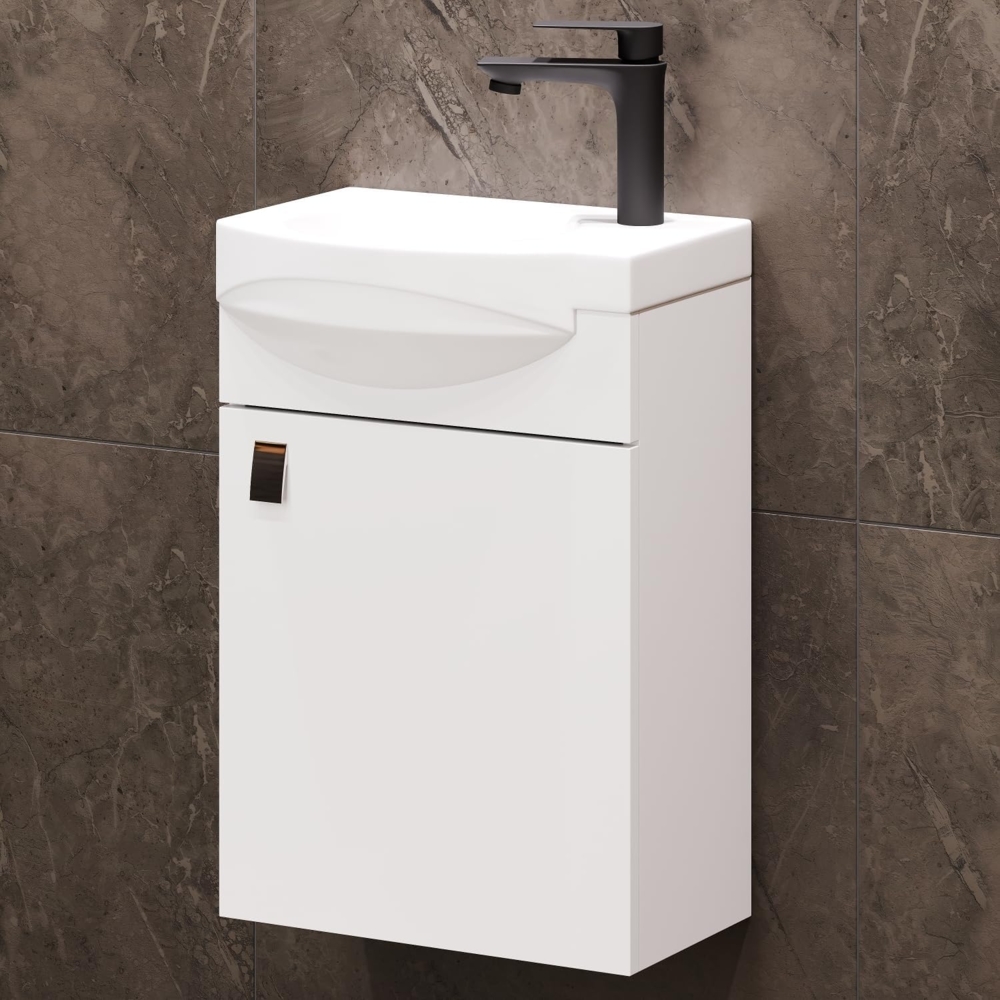Planetmöbel Waschtischunterschrank 40 cm in Weiß mit Waschbecken & Armatur in Schwarz matt, Badezimmmer Möbel für Gäste WC Bild 1