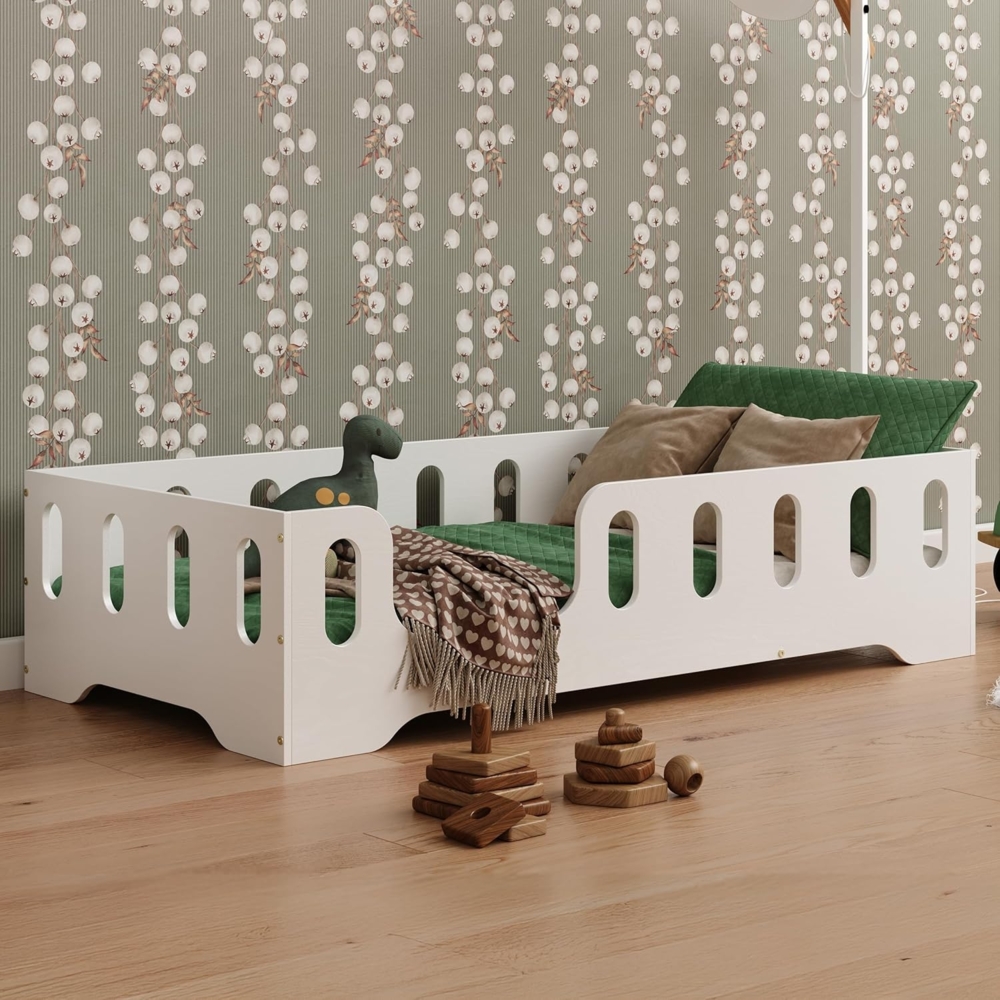 smartwood Kinderbett Bodenbett 140x200 mit Rausfallschutz & Lattenrost - Weiß - Kinder Montessori Bett TILA 2L mit glatten Kanten - Betten für schnelle Montage - Bis 300 kg belastbar Bild 1