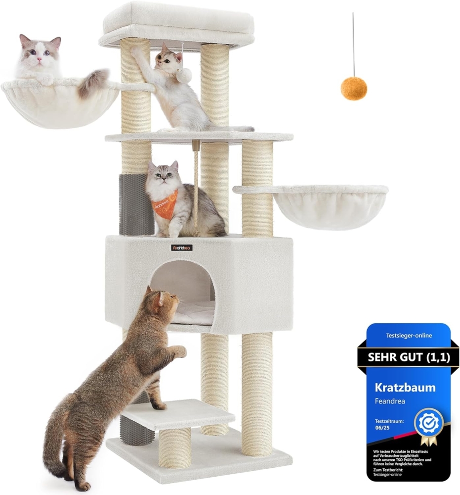 Feandrea Kratzbaum, mit selbstwärmenden Decken, für große Katze, Katzenbaum, 2 Katzenbürsten, 11,1 cm d Dicke Stämme, große Plattformen, Höhle, 50 x 50 x 160 cm, cremeweiß-beige PCT003W02 Bild 1