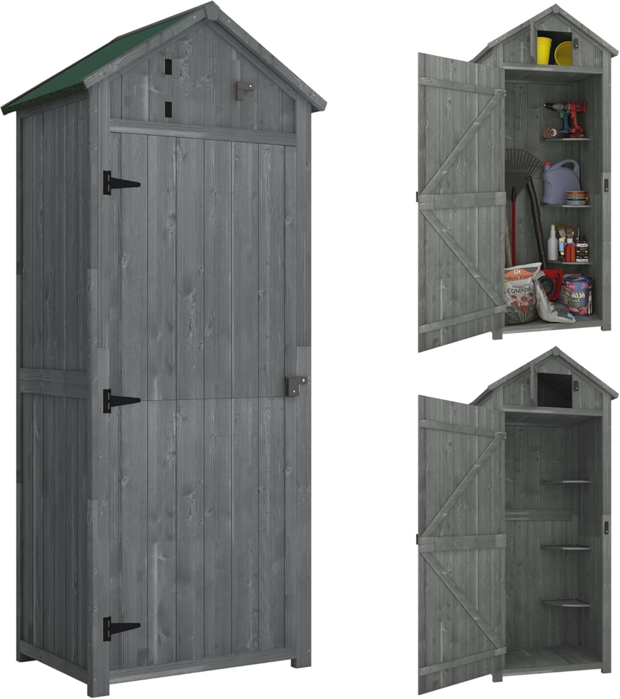 Outsunny Gartenschrank Holz, Geräteschuppen wetterfest 77 x 54,2 x 179 cm, Gerätehaus mit Tür, Satteldach, Geräteschrank mit Böden, Werkzeugschrank Gartenschuppen für Garten, Terrasse, Grau+Grün Bild 1