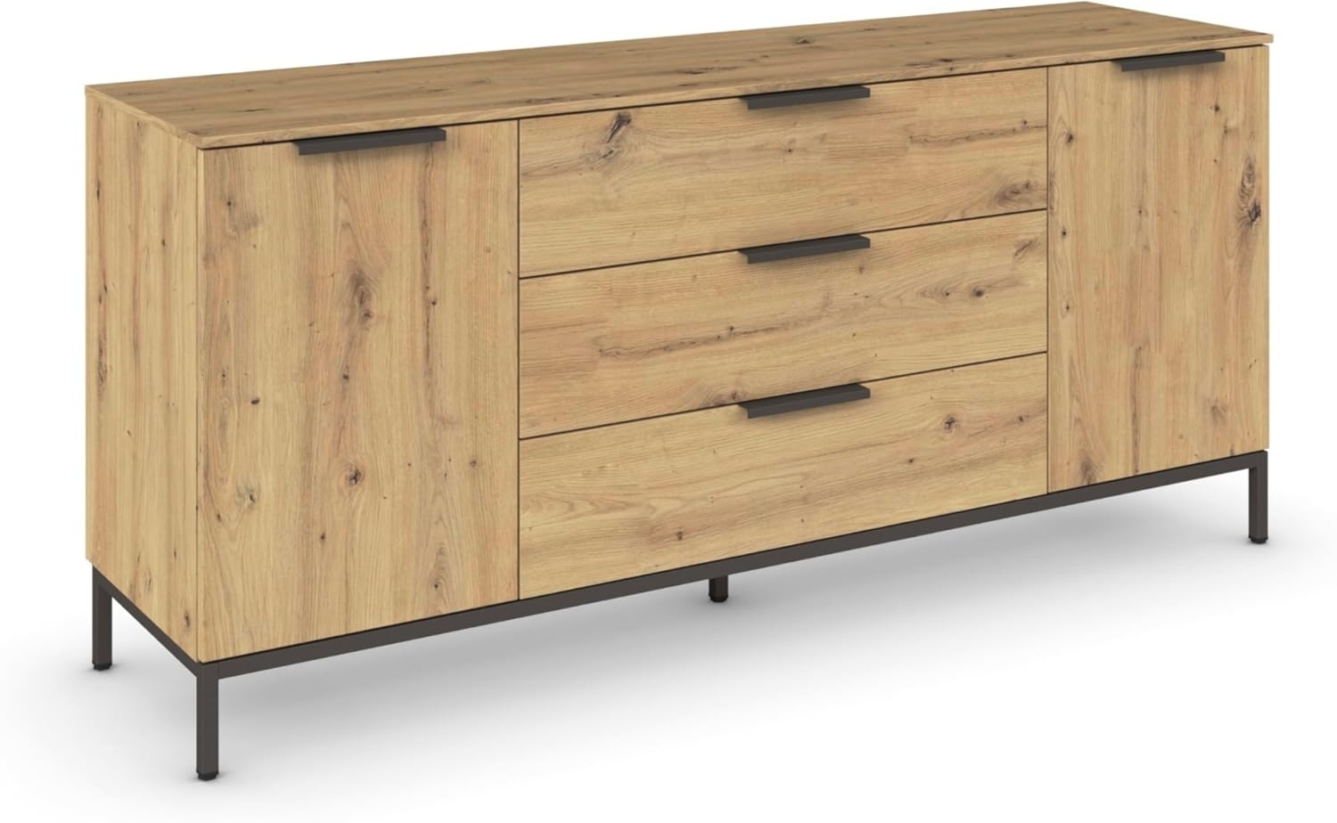 Rauch Möbel Flipp, Sideboard, TV-Schrank, Kommode mit Stauraum, mit Metallkufe Graphit, Eiche Artisan, Holz, 2-türig, 3 Schubladen, Griffe Graphit, 160 x 72 x 42 cm Bild 1