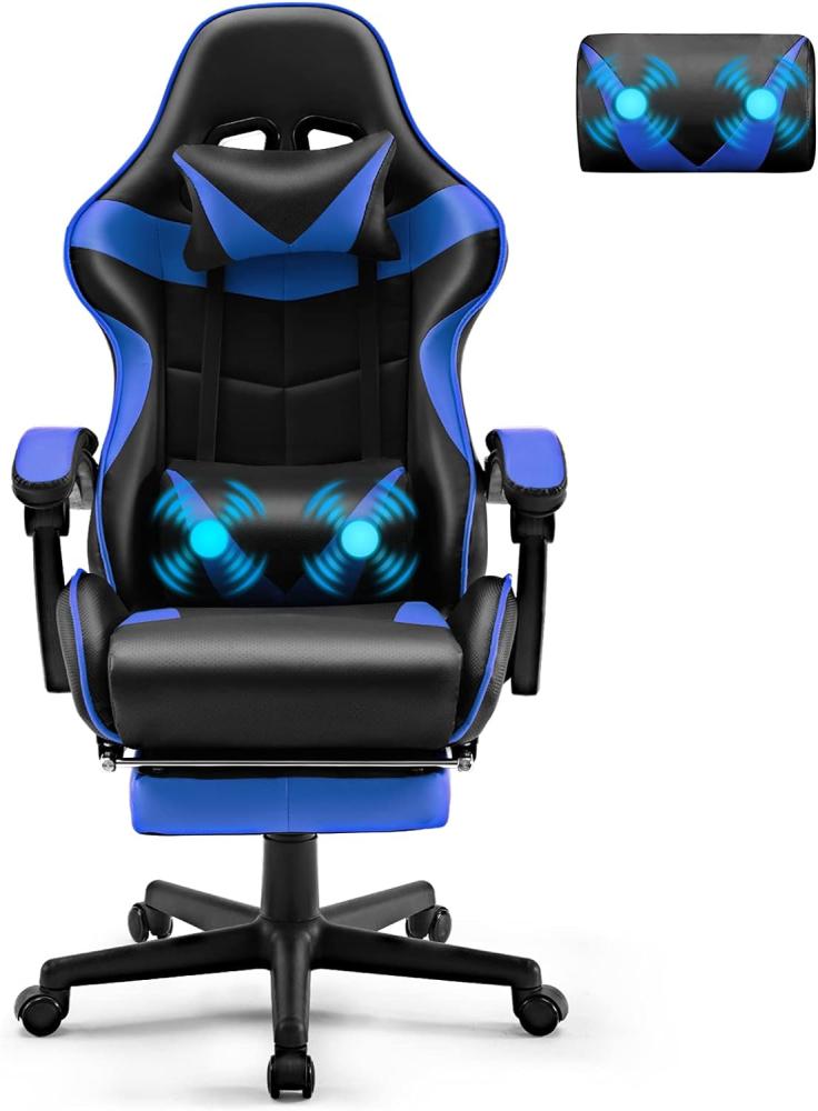 Soontrans Gaming Stuhl Massage, Gaming Sessel mit Fußstütze & Kopfstütze & Massage-Lendenkissen, Gepolsterte Armlehnen, Ergonomisch Gaming Stuhl für Gamer YouTube Livestreaming Xbox (Blau) Bild 1