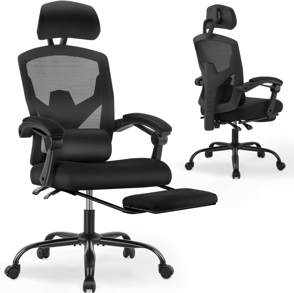 DUMOS Bürostuhl Ergonomisch - EIN Schreibtischstuhl mit Komfortarmlehnen, Ausgestattet mit Einer Bequemen Lendenwirbelstütze und Fußstütze, Office Chair Geeignet für Zuhause, Büro (Schwarz) Bild 1