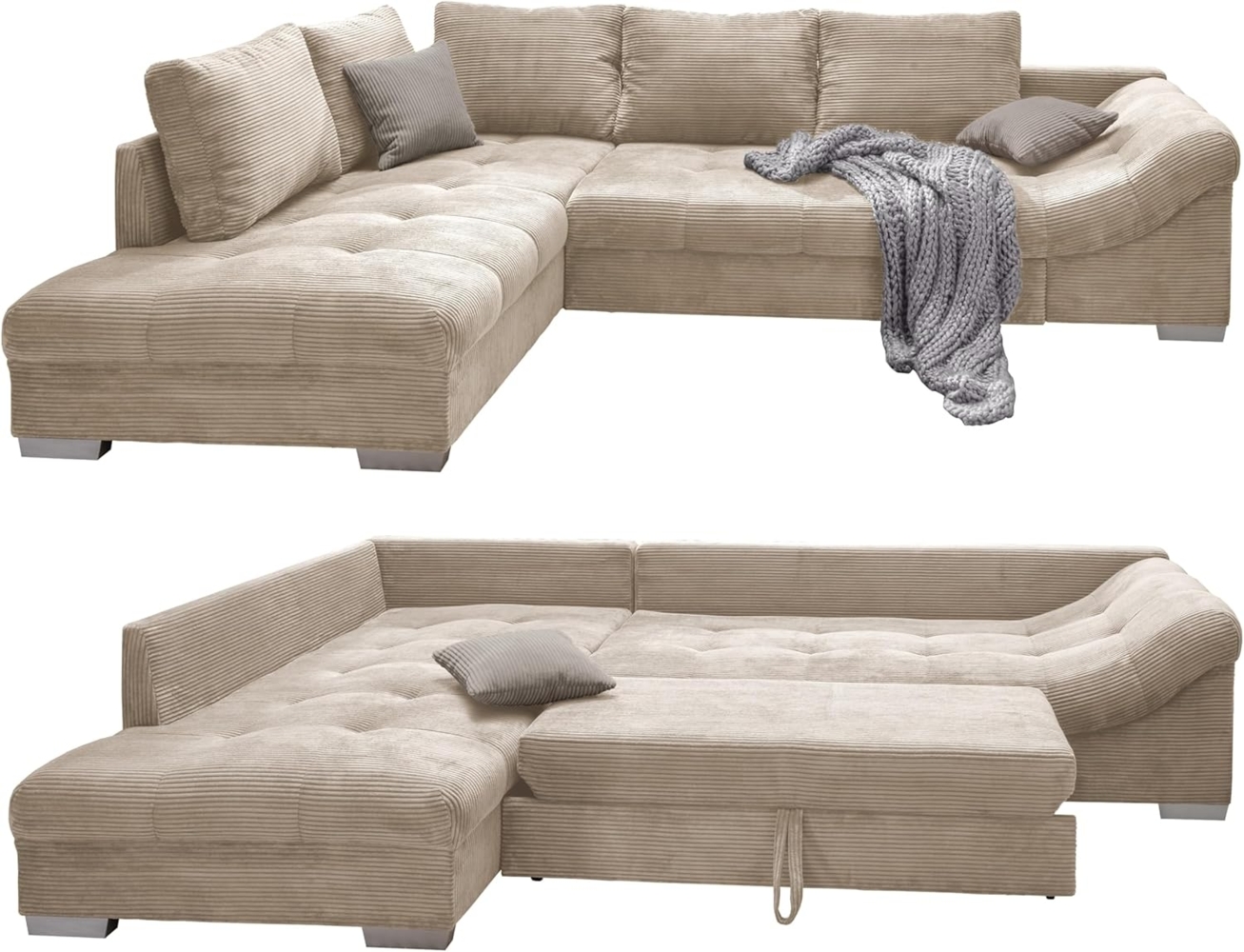 luma-home Ecksofa 17204, mit Bettfunktion 298x202 cm, Wellenunterfederung, Ottomane links, Bezug Cord Beige Bild 1