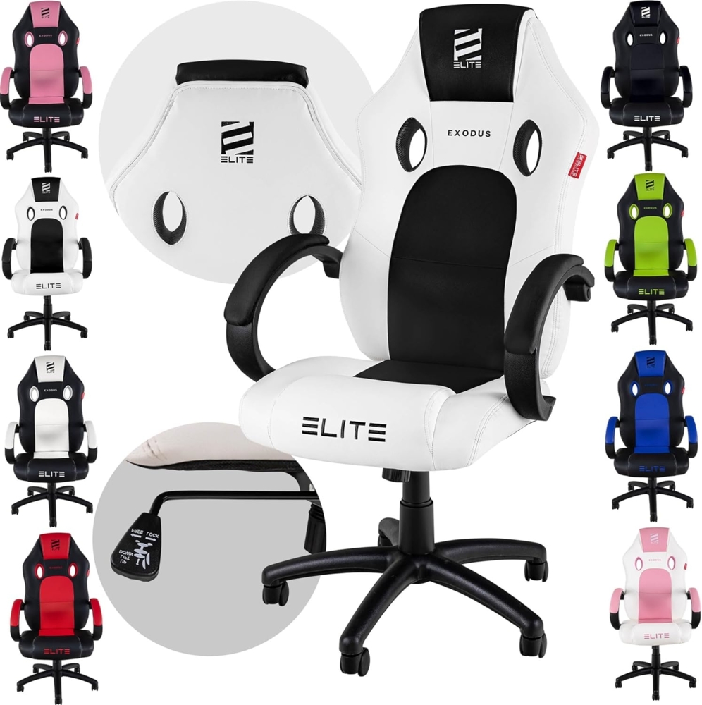 ELITE Gaming Stuhl MG100 EXODUS - Ergonomischer Bürostuhl - Schreibtischstuhl - Chefsessel - Sessel - Racing Gaming-Stuhl - Gamingstuhl - Drehstuhl - Chair - Kunstleder Sportsitz (Weiß/Schwarz) Bild 1
