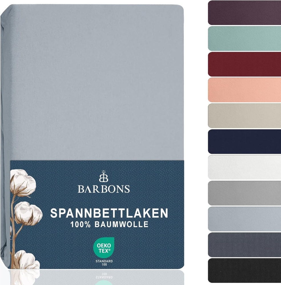 BARBONS Spannbettlaken 200x200 cm - 35 cm Tiefe Tasche 100% Baumwolle Spannbetttuch Oeko-TEX Zertifiziert Bettlaken Jersey Bettware Bettbezug für Boxspringbett Dicke Matratzen - Hellblau200x200 Bild 1