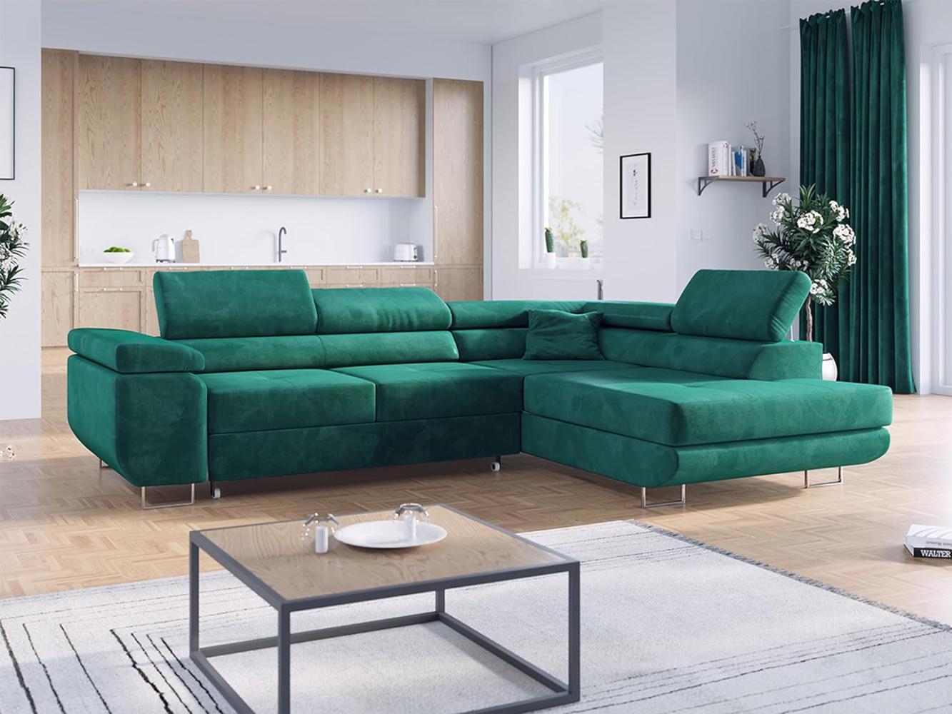 Ecksofa L-Form Couch mit Schlaffunktion und Verstellbare Kopfstützen - GUSTAW - Dunkelgrün Velours - Rechts Bild 1