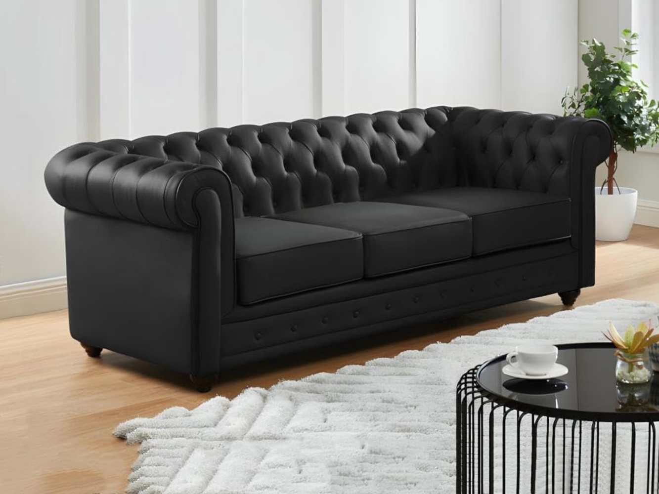 Vente-unique - Ledersofa 3-Sitzer - Büffelleder - Schwarz - CHESTERFIELD Bild 1