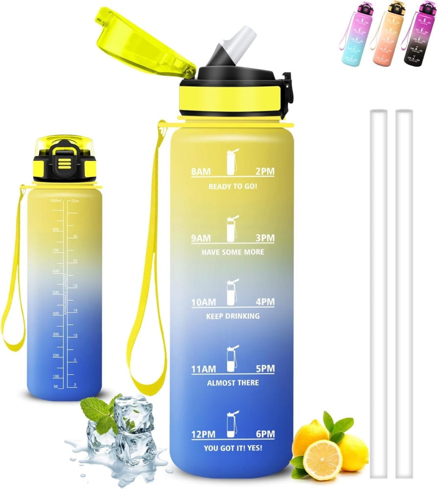 Trinkflasche 1l, Trinkflasche Sport, Wasserflasche mit Strohhalm, Auslaufsicher, Wasserflasche Kohlensäure Geeignet, Kann mit dir Tragen, Flasche mit Zeitmarkierung, für Fitness, Camping, Wandern Bild 1