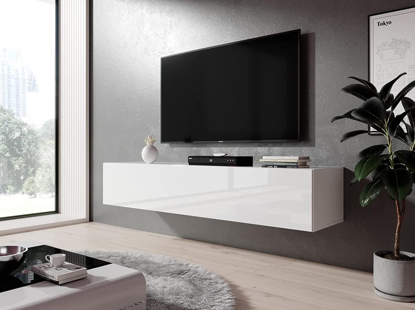 Furnix TV Kommode Zibo Fernsehschrank B160 x H34 x T34 cm - TV-Schrank hängender Lowboard Sideboard, 2 Ablagen mit Klappen, max. Belastung bis 30 kg, Wandmontage, Glänzend Weiß Bild 1