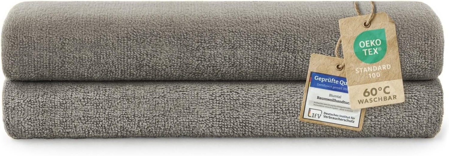 Blumtal Premium Frottier Handtücher Set mit Aufhängschlaufen - Baumwolle Oeko-TEX Zertifiziert, weich, saugstark - 2X Badetuch (70x140 cm), Grau Bild 1