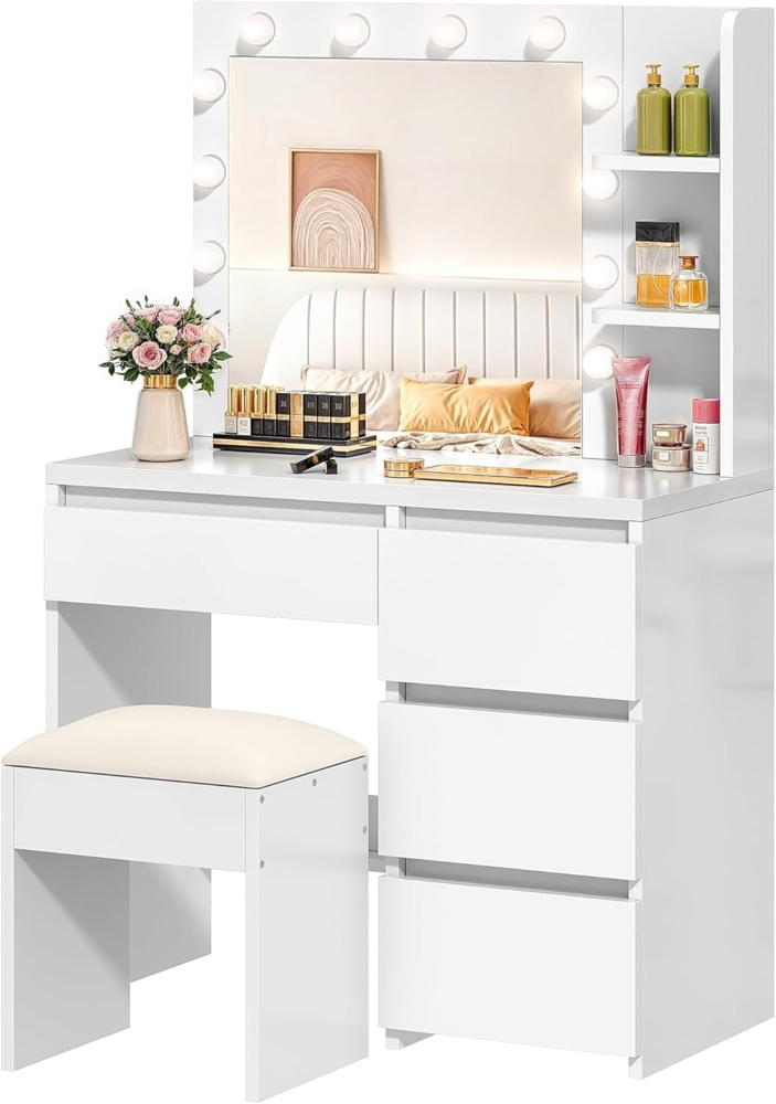 YITAHOME Schminktisch mit Beleuchtung, Dressing Table mit Spiegel Schminktische mit Hocker 3 Farben mit Einstellbarer Helligkeit, Frisiertisch mit 4 Schubladen Offenen Fächern Vanity Table weiß Bild 1