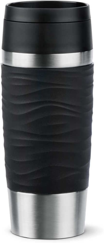 Emsa N20212 Travel Mug Wave Isolierbecher 0,36 Liter | neuer Komfort-Schraubverschluss | Edelstahl | 4h heiß und 8h kalt | 100% dicht | spülmaschinenfest | 360°-Trinköffnung | Schwarz Bild 1