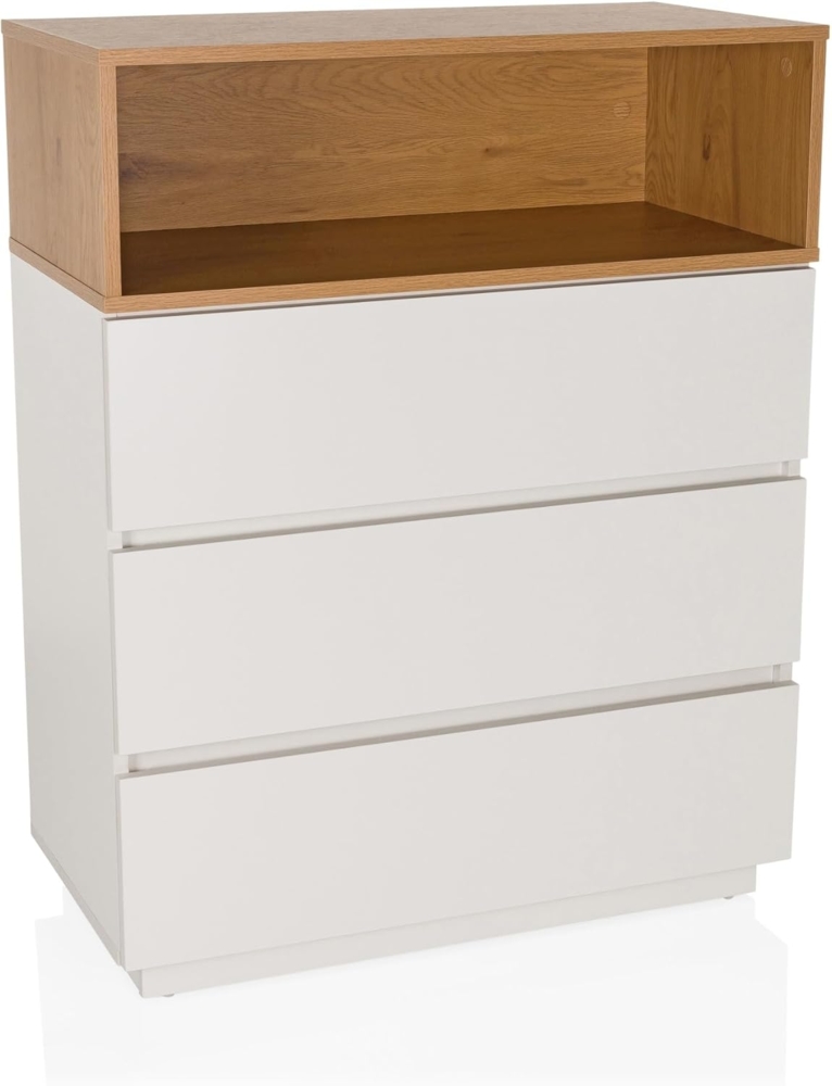 hjh LIVING Kommode mit 3 Schubladen, 1 offenes Fach MELMO K 80 x 40 x 100 cm Highboard Schrank im skandinavischen Stil, griffloses Design, Weiß/Eiche Bild 1